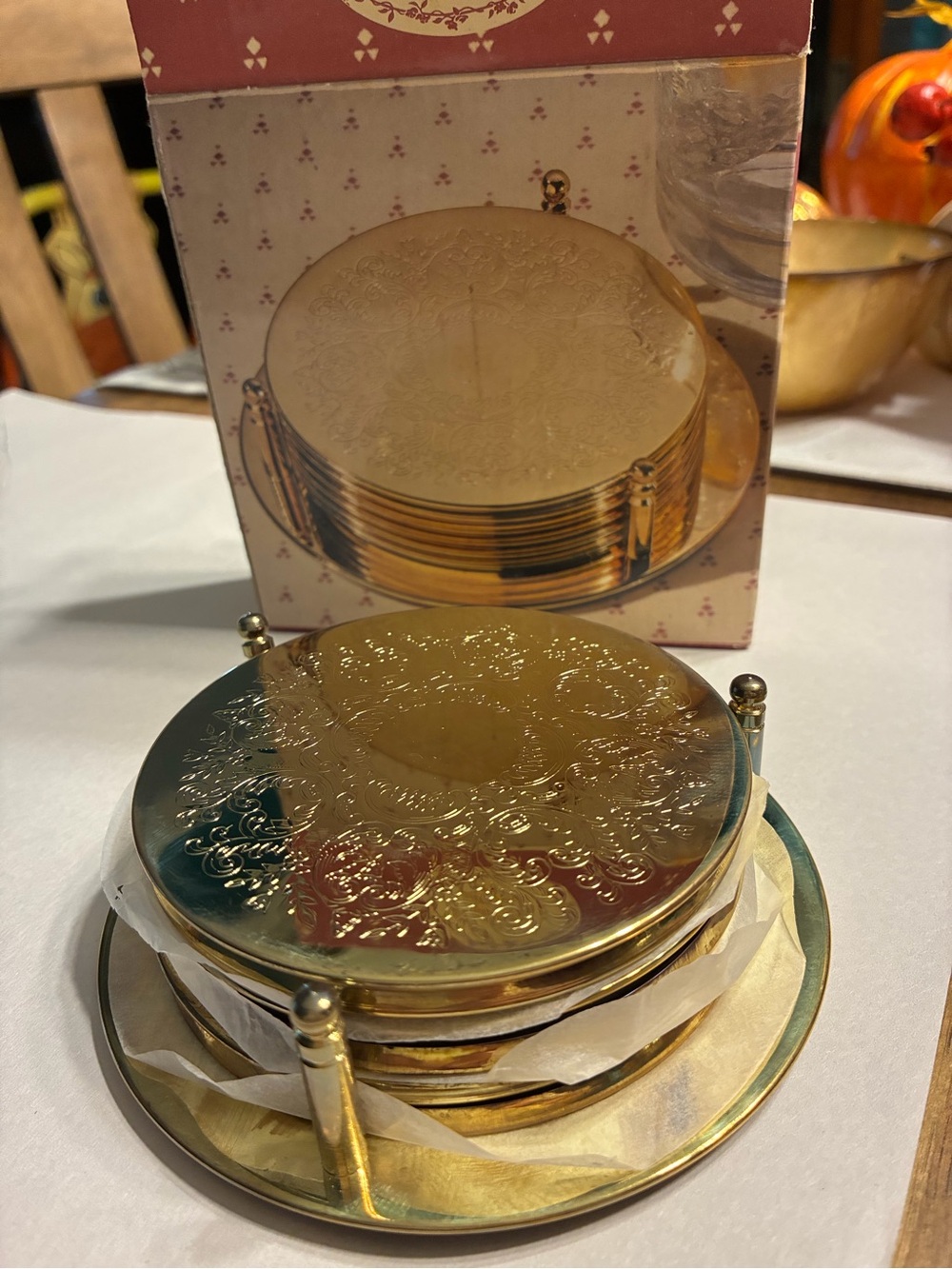 Gold Metal Decorative Coaster Set with Holder - Classic Accent